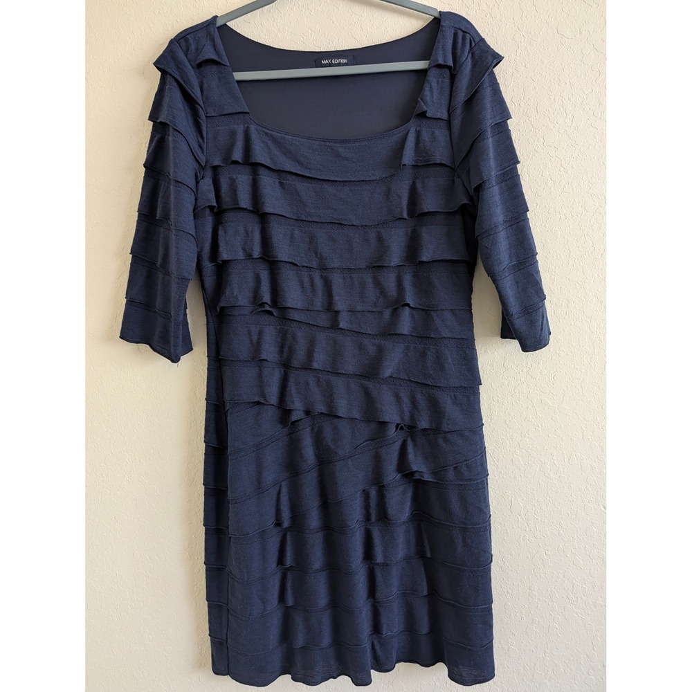 Max Edition Navy Blue Tiered Ruffle Sheath Dress 3/4 Sleeve Scoop Neck Size L